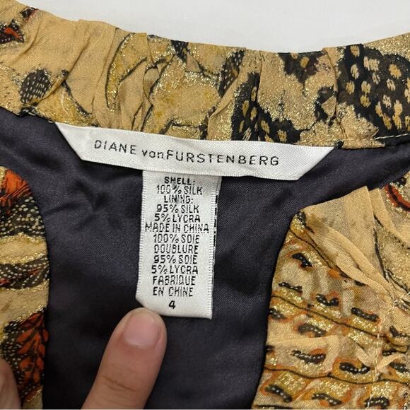 Diane Von Furstenberg Silk Brown Sheer Sleeves Knee Length Floral Dress Size 4 - Picture 10 of 13